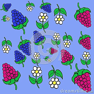 Berries raspberries and blackberries with flowers Cartoon Illustration